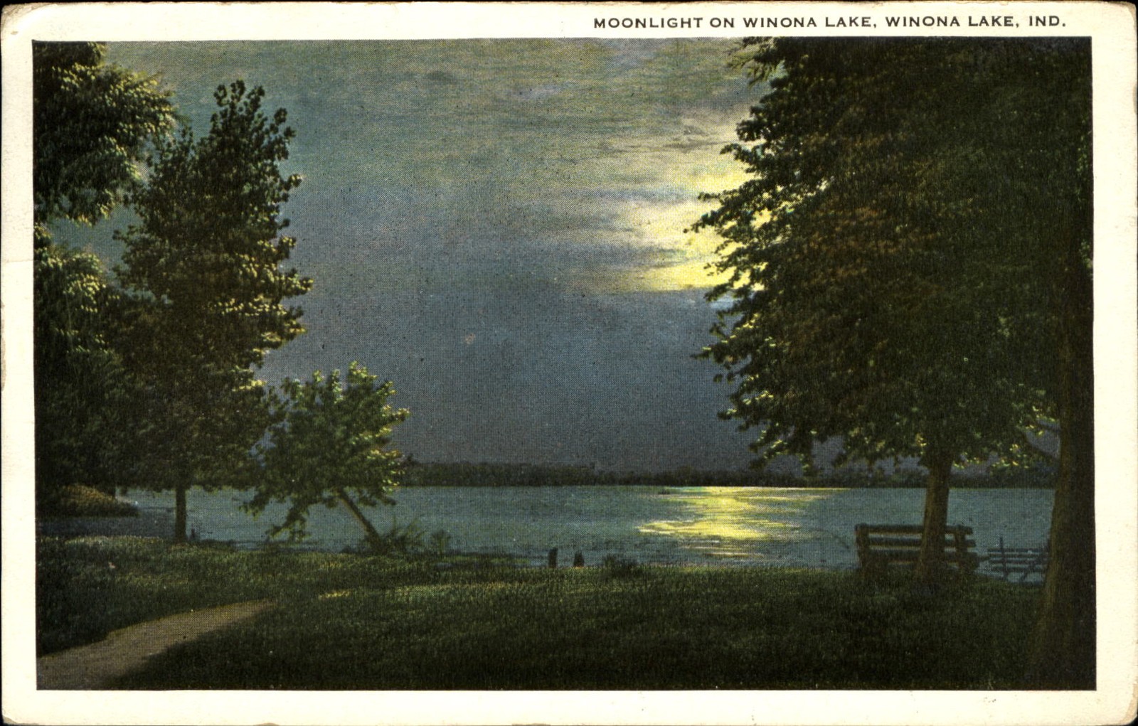 Moonlight over Winona Lake Indiana IN night view ~ mailed 1920s