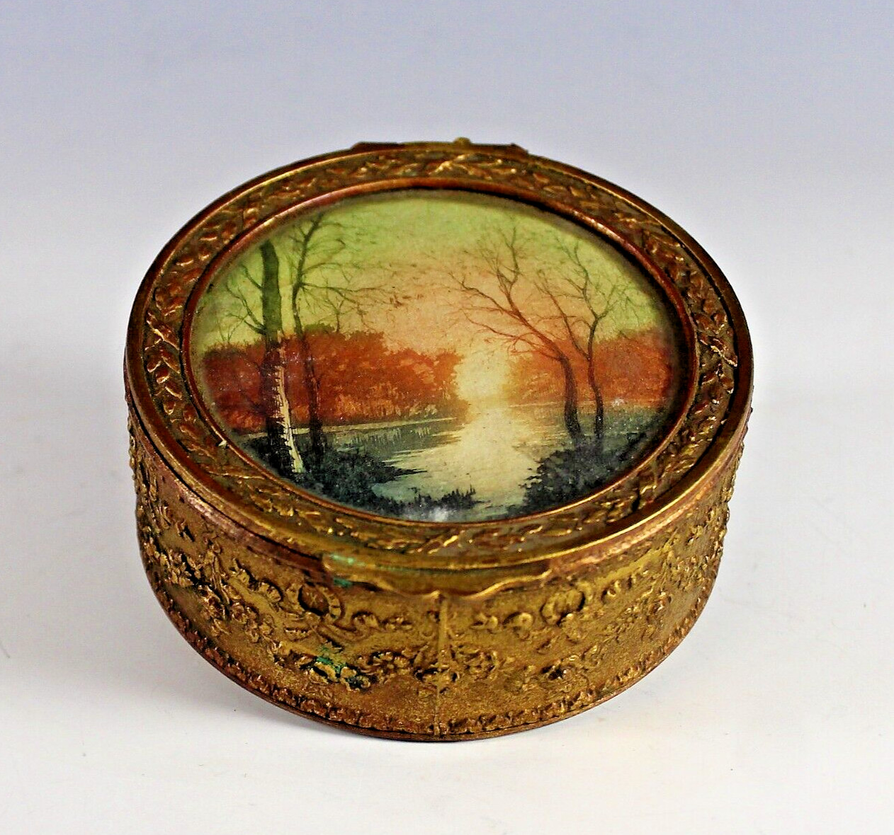 Antique Gilted French Bronze Box w/ Landscape Painting on Top