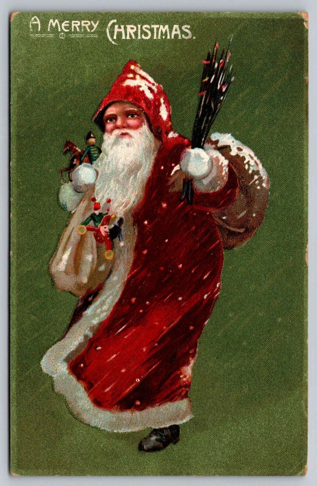 Postcard Christmas Old World Red Long Robe Santa Birch Branches