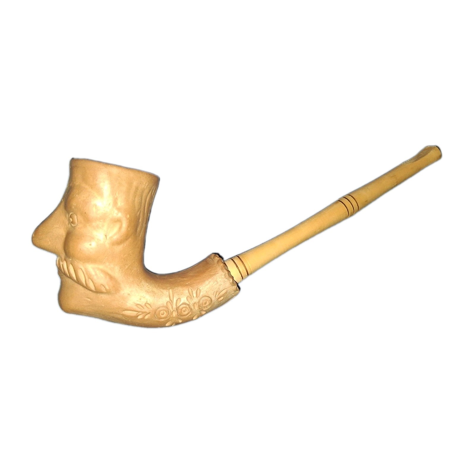 Vintage Carved Face Tobacco Pipe Long Stem Unused Mustache Man Clay Wood 