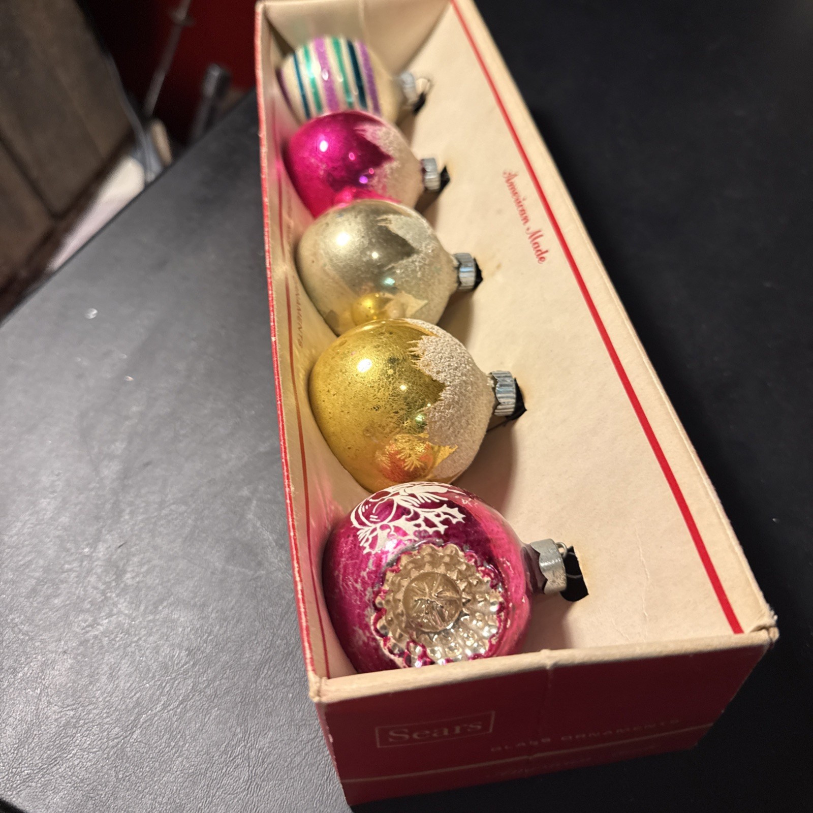 4 VTG Shiny Brite Glass Sugared Mica 1 Stripes Ball 3 Snow Xmas Ornaments 1 Othr