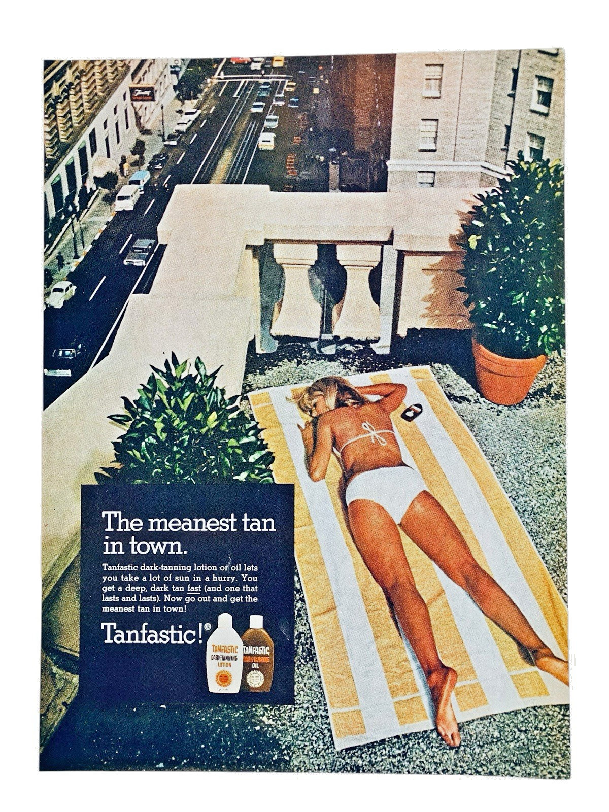 Tanfastic Dark Tanning Oil Print Ad 1968 Blonde White Bikini Rooftop Suntan