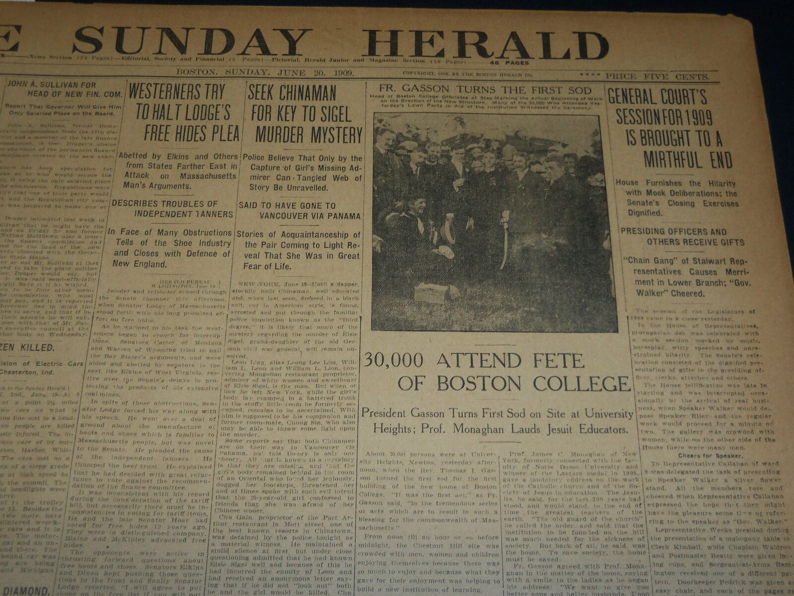 1909 JUNE 20 THE BOSTON HERALD NEWSPAPER - BOSTON COLLEGE NEW HOME - BH 373