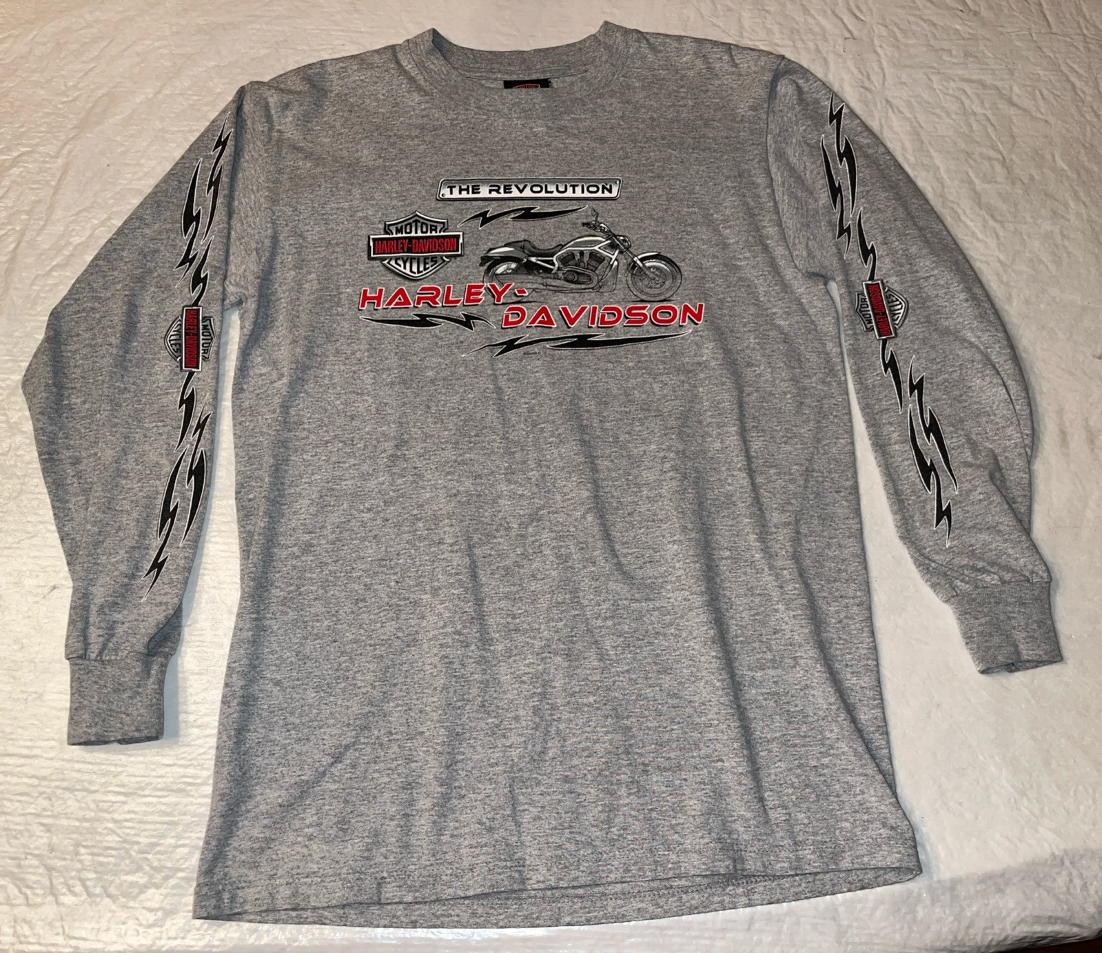 vtg y2k 2002 USA MADE Harley Davidson TRIBAL FLAME long sleeve gray shirt Medium