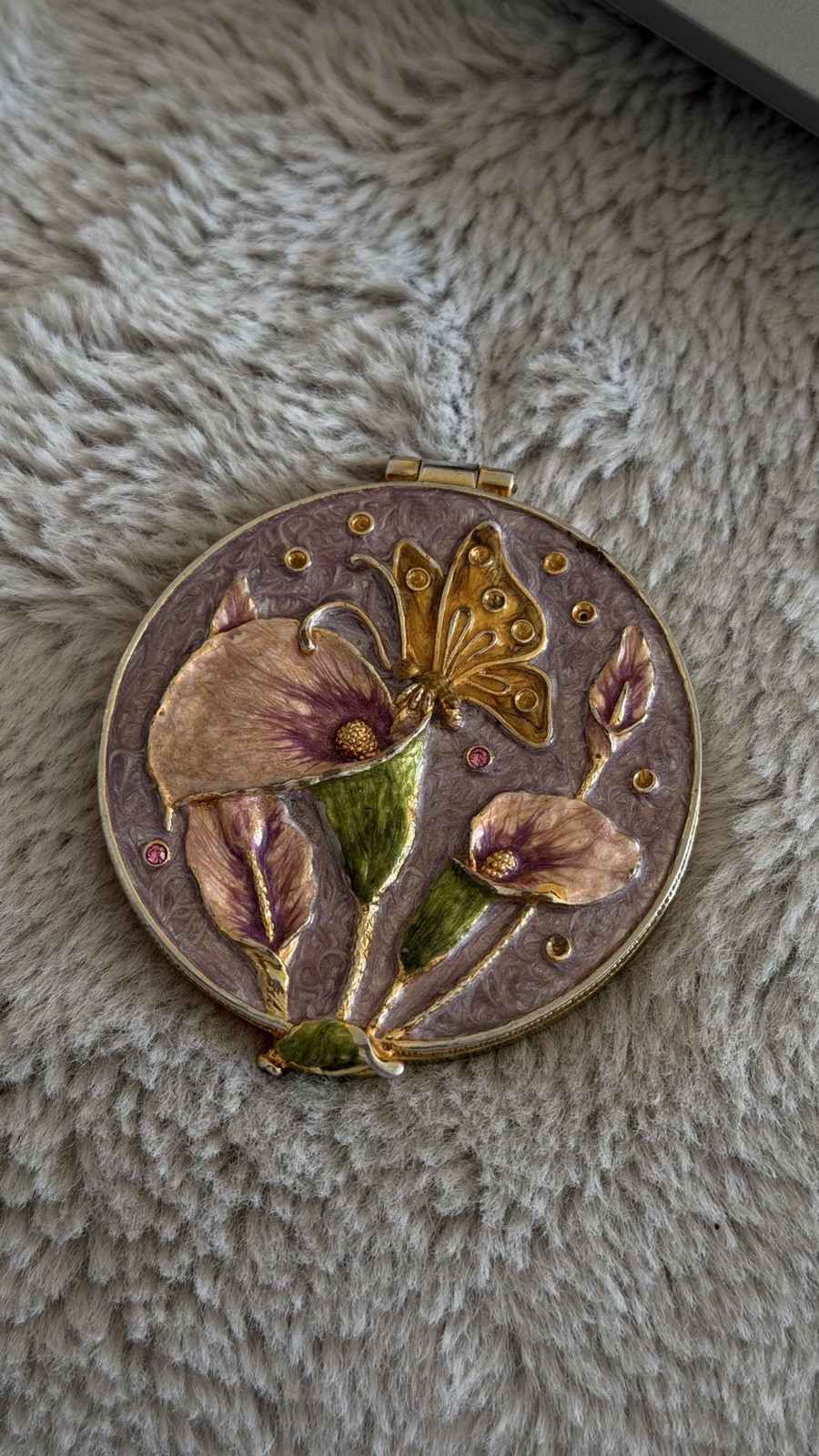 Vintage Susanna Freud Enameled Calla Lily & Butterfly Compact Mirror – 1980s