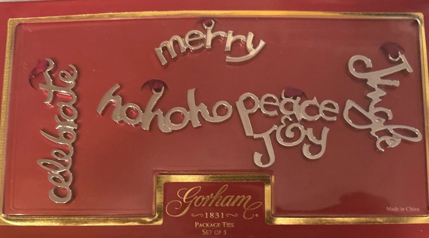 GORHAM Silver Ornaments Christmas Words Satin Hanger New See Pics Wear On Back