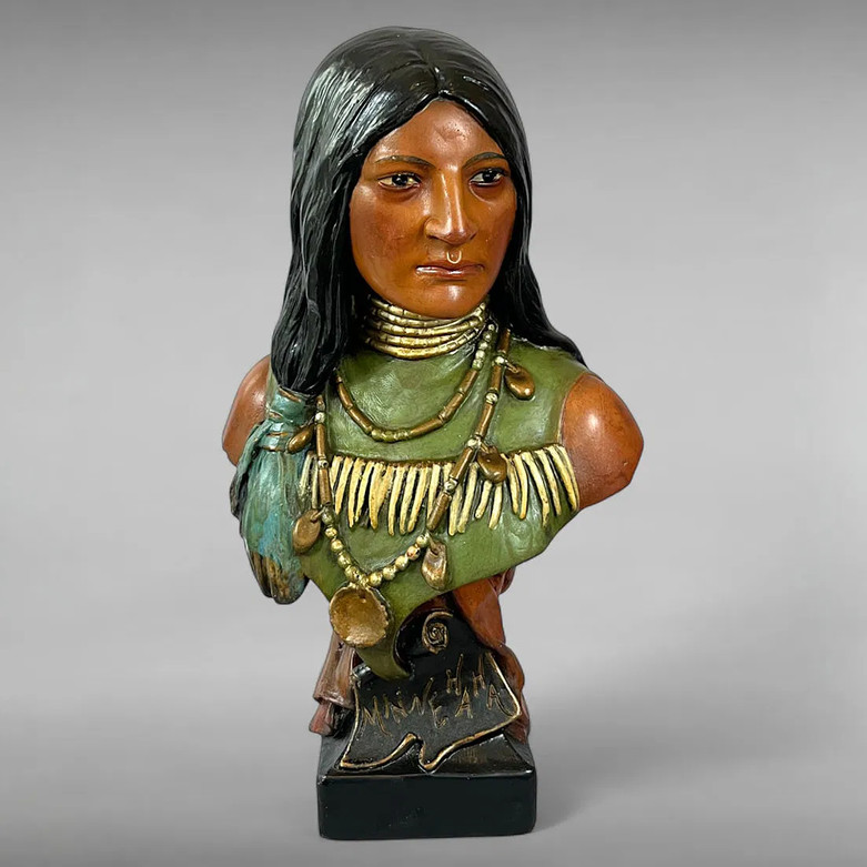 Antique 1871 Polychrome Minnehaha Bust - Victorian Native American Sculpture