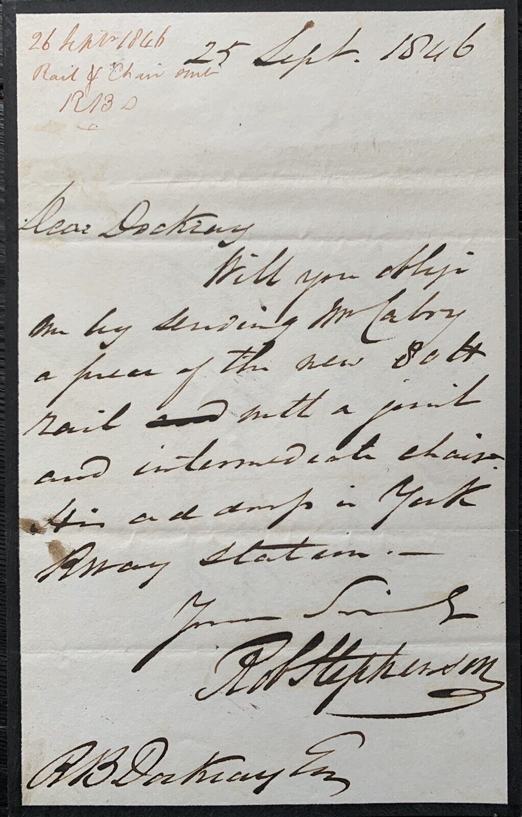 ORIGINAL SIGNED LETTER - ROBERT STEPHENSON, re YORK STATION, 25th September 1846