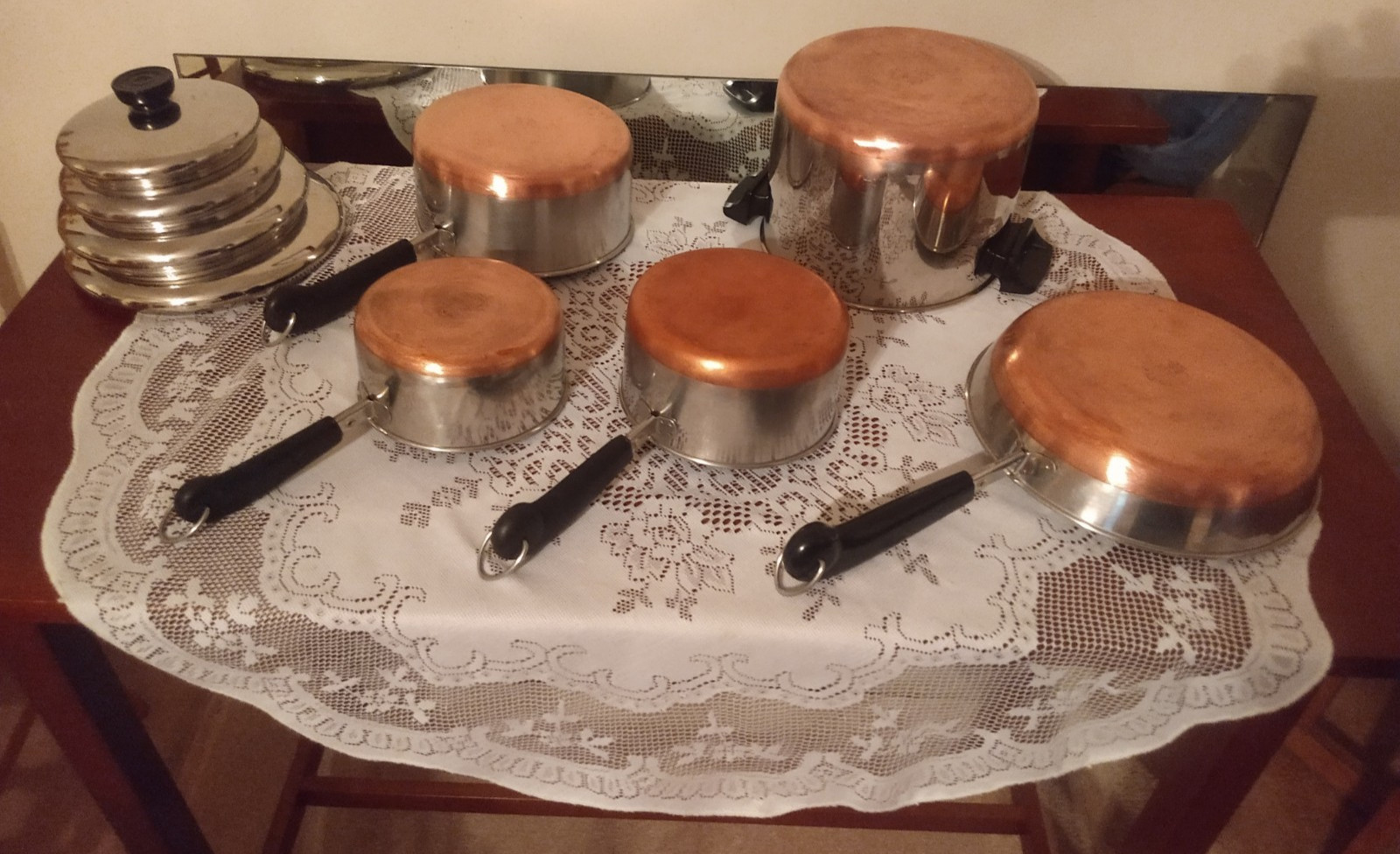 Vtg 1801 Revere Ware 9pcs Copper Bottom Pots 1qt, 1.5qt, 2qt, 5qt, 9in skillet