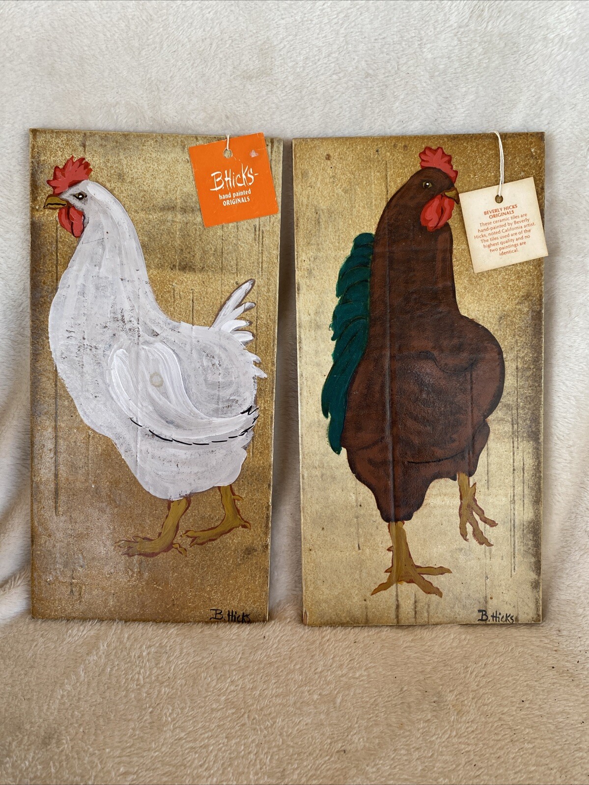2 B.Hicks Hand Painted Originals Chicken Tiles 