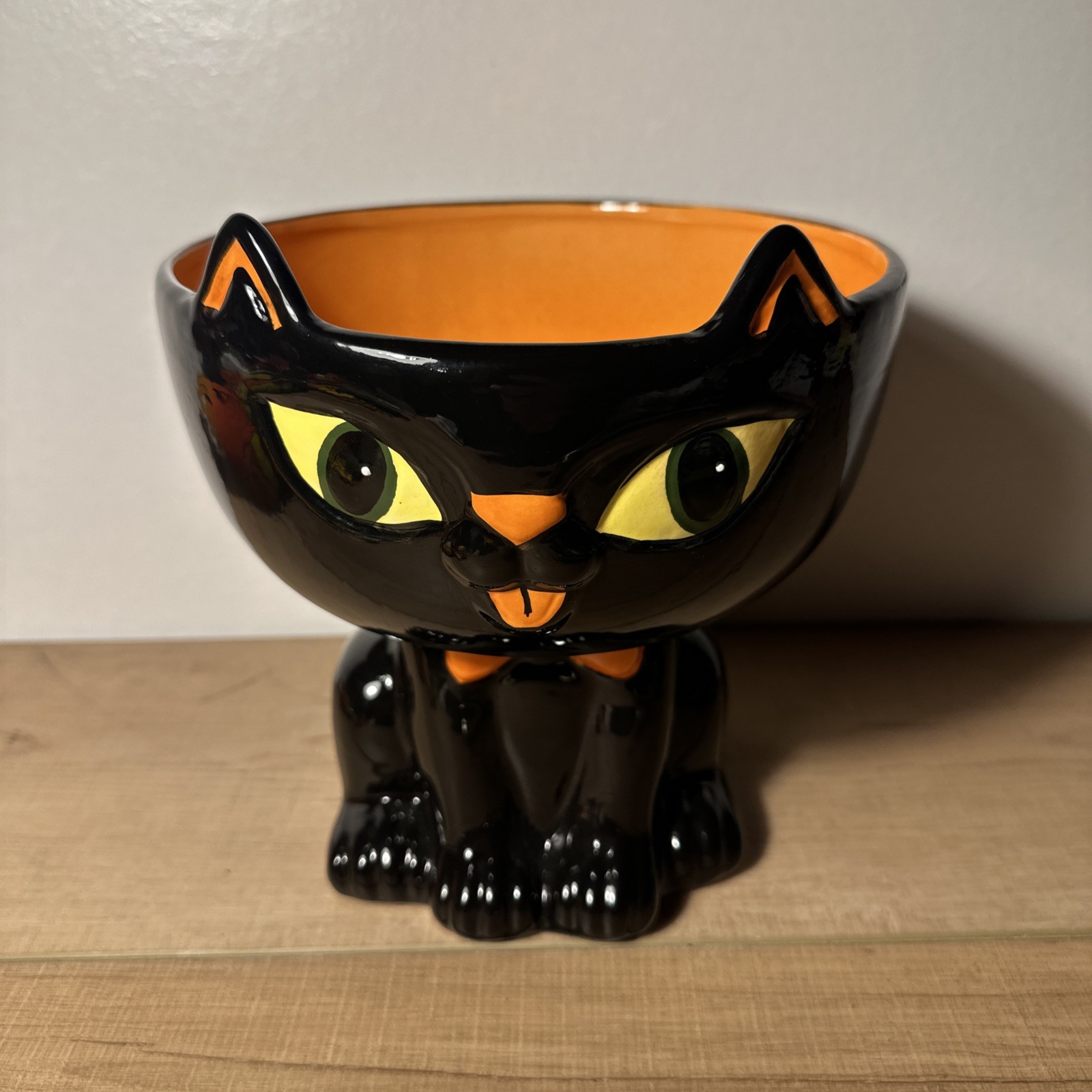 Large Ceramic Halloween Black Cat Candy Bowl Figure With Orange Bow Tie