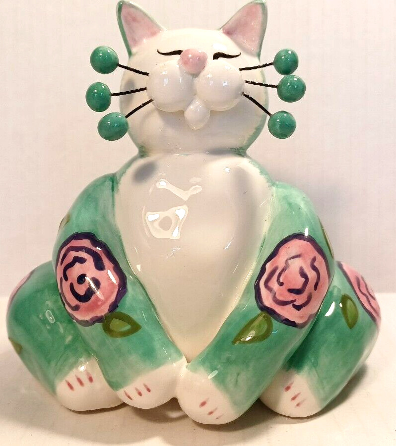 Vintage '03 Amy Lacombe Whimsiclay Ceramic Cat Kitten Flowers Roses 