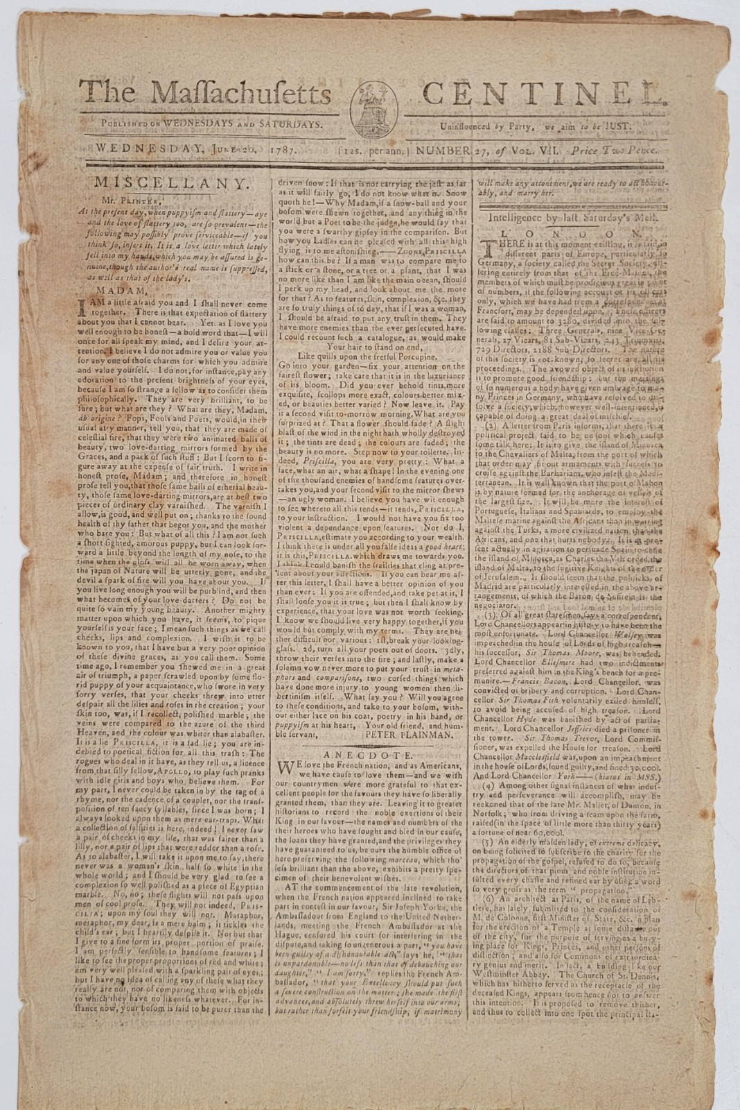 1787 Massachusetts Centinel — Constitutional Convention, Hancock Proclamation