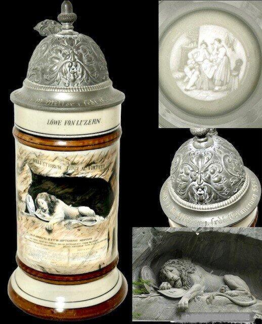 Atq Lion of Lucerne Luzern German Regimental Pewter Lithophane Lidded Beer Stein