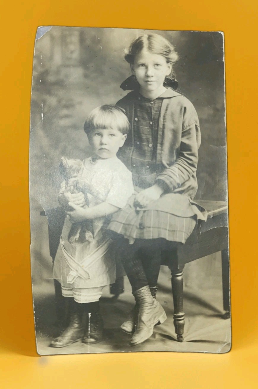 1908 RPPC Real Photo Postcard Little Boy & Girl & CuTe Teddy Bear Stuffed Toy