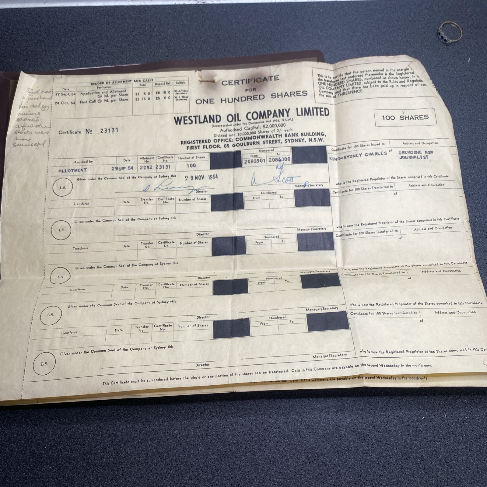 Westland Oil Company Limited 3xShare Certificates 1954 Australia