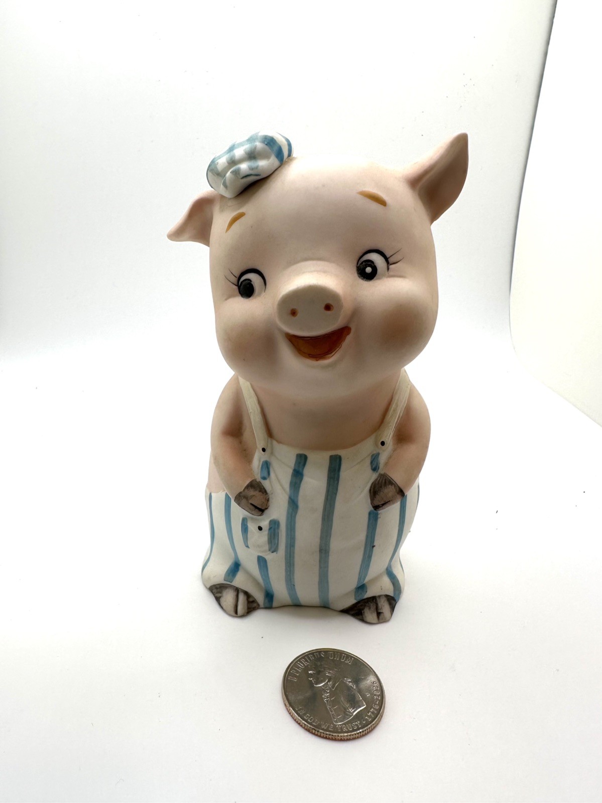 VTG LEFTON Boy Pig w/ Blue Stripe overalls PIGGY BANK 6 1/2\' tall Japan KW2729