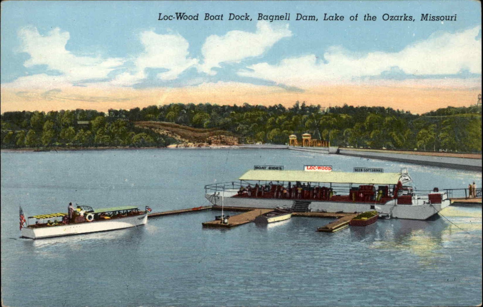 Ozarks MO Missouri Loc-Wood Boat Dock Bagnell Dam c1930-50s Vintage Postcard
