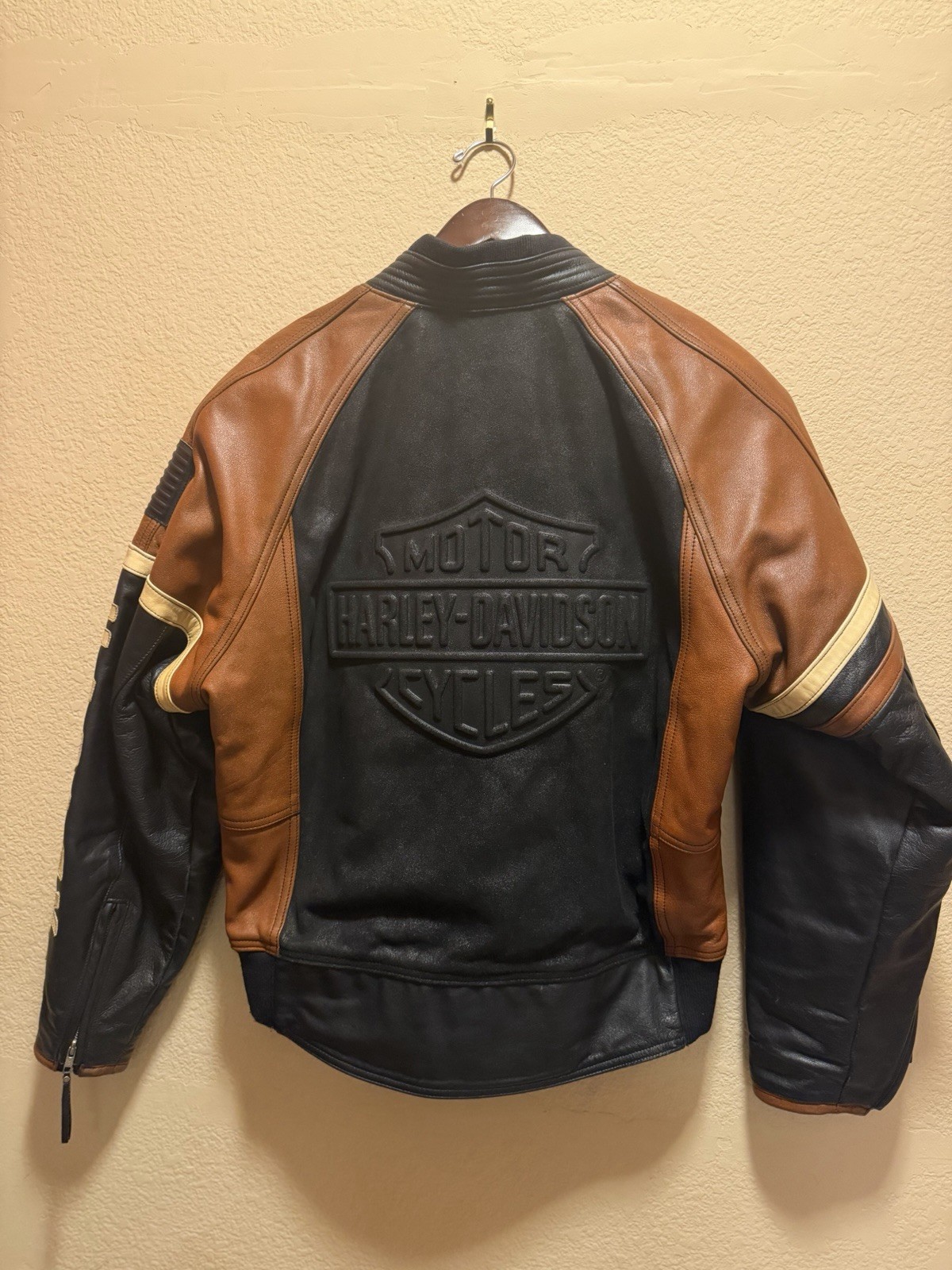 Authentic Harley Davidson Motorcycle Logo Leather Jacket Black Brown Size L
