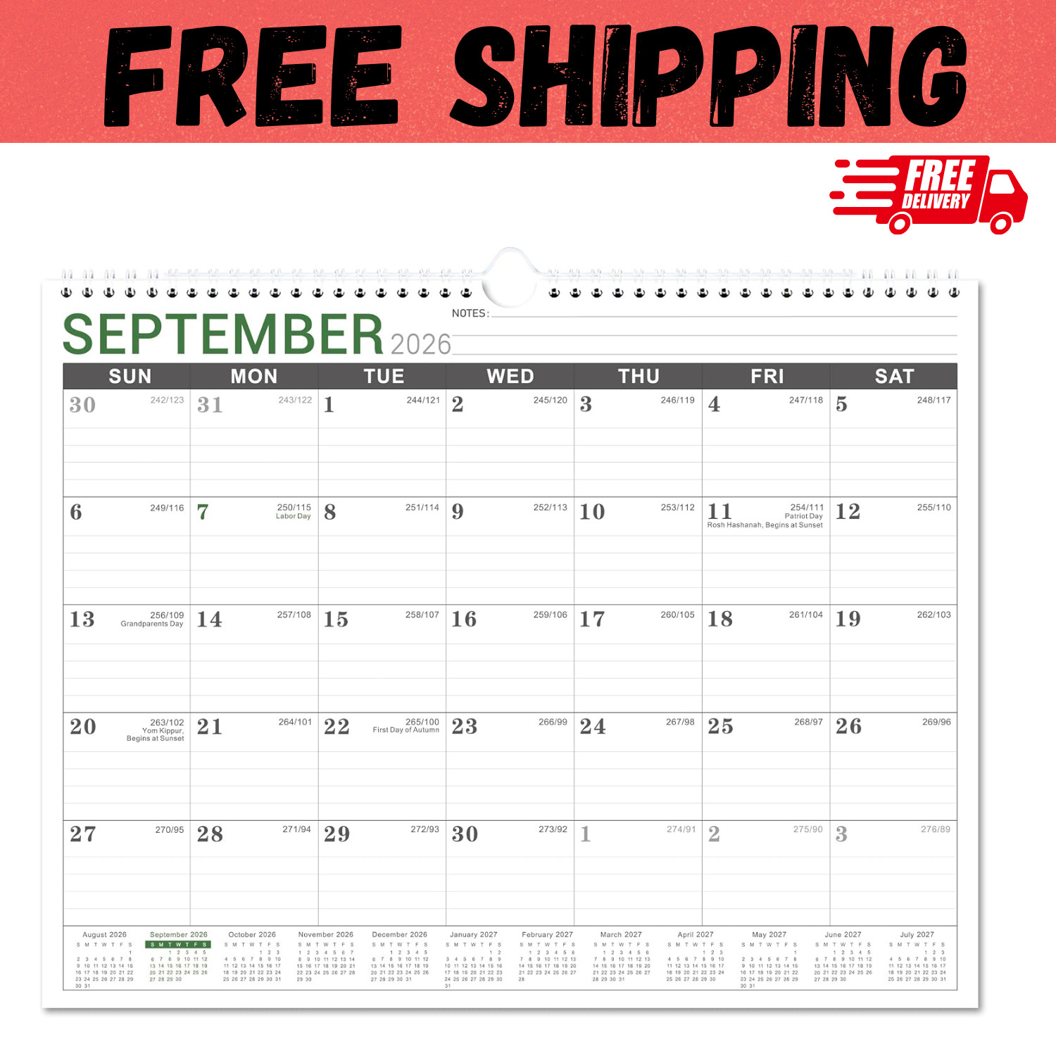 2026-2027 Wall Calendar - Sep. 2026 to Dec. 2027, 11.5