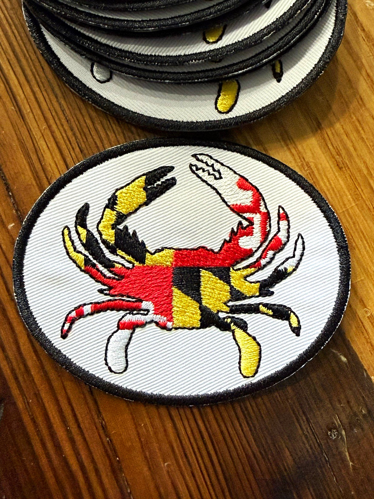 Maryland Flag Crab Embroidered Patch, Oval White & Black Border, 12 patch lot 