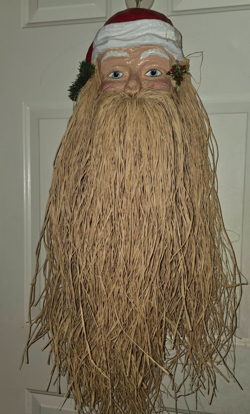 Vintage Large Paper Mache Santa Face Wall Hanging Raffia Beard 33\