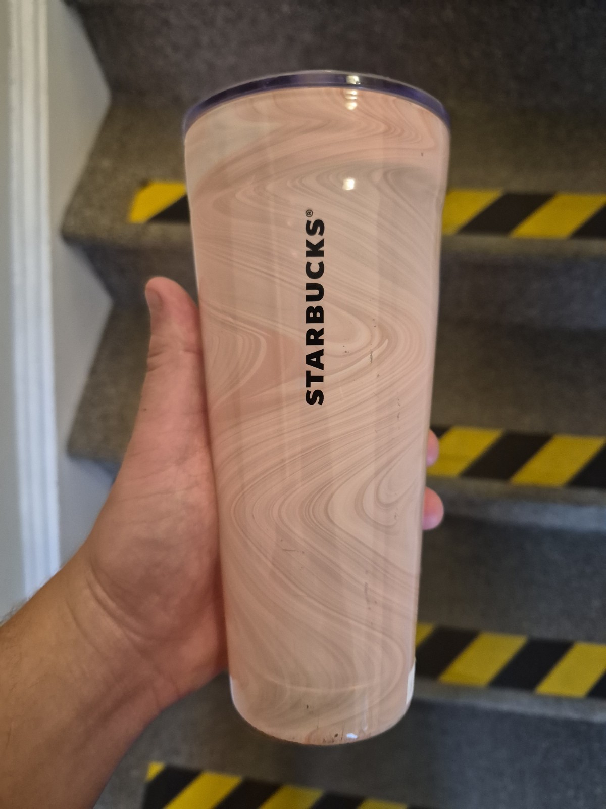 2017 Rare Starbucks Glass Tumbler Coral Pink Marble Cup Swirl Venti 20oz w/lid