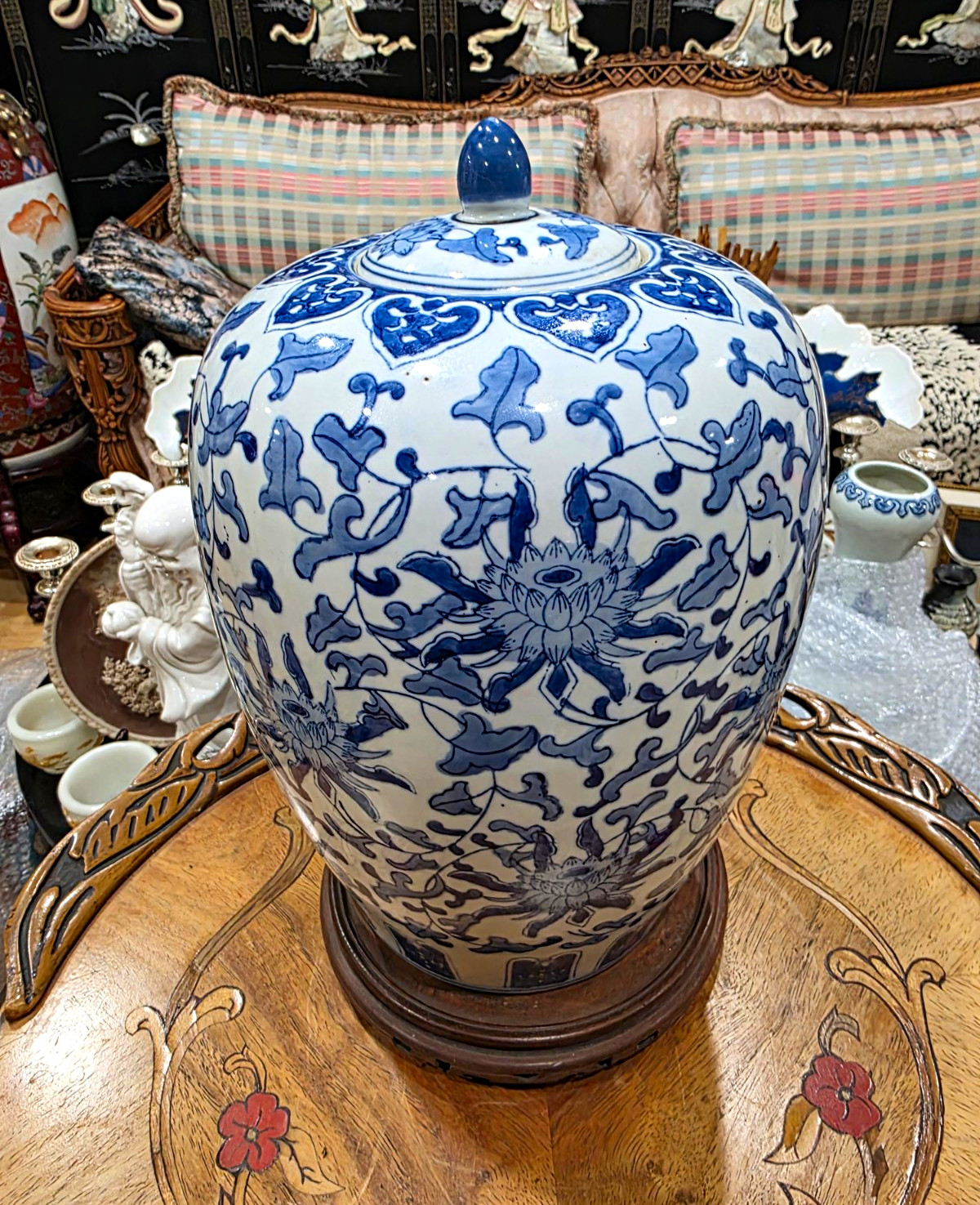 Large Vintage Chinese Blue White Porcelain Ginger Jar Marked Lotus Lid 13.5