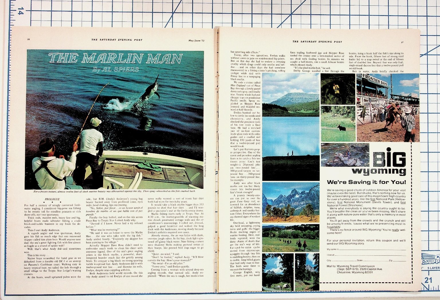 1973 Saturday Evening Post Magazine Pages Marlin Man Wyoming Hilton Ads