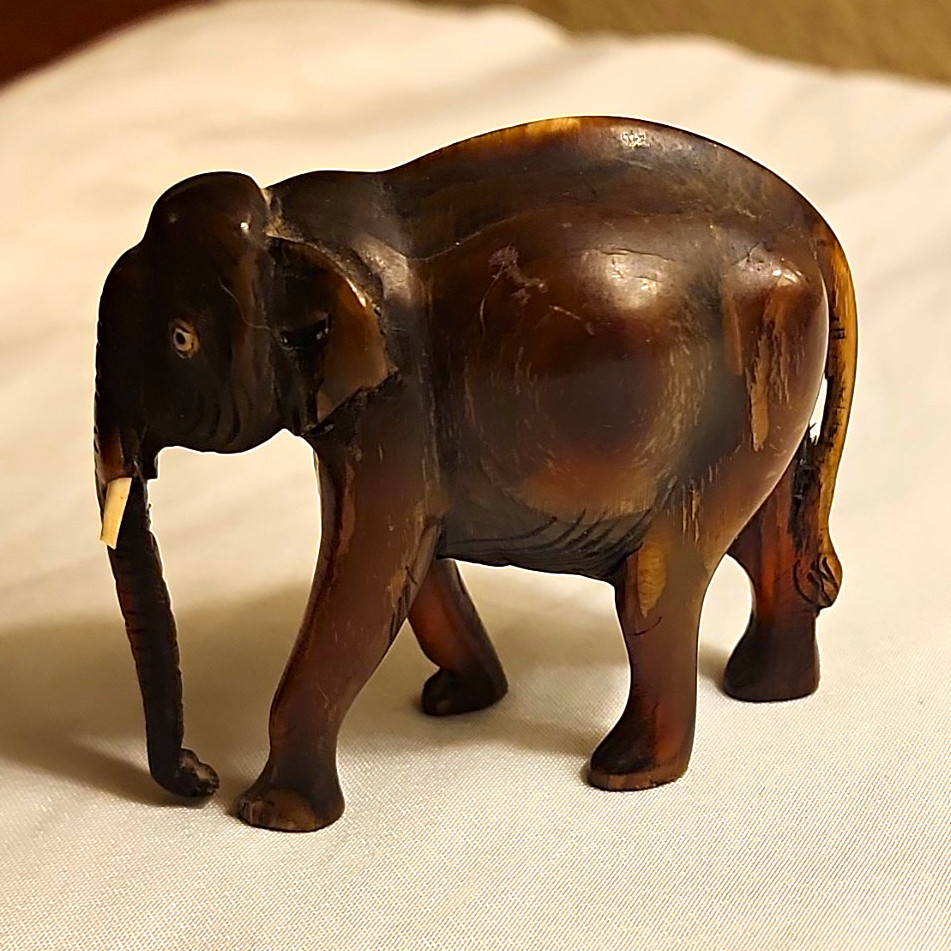 Hand Carved Wooden Elephant Figurine Vintage Brown Display Piece