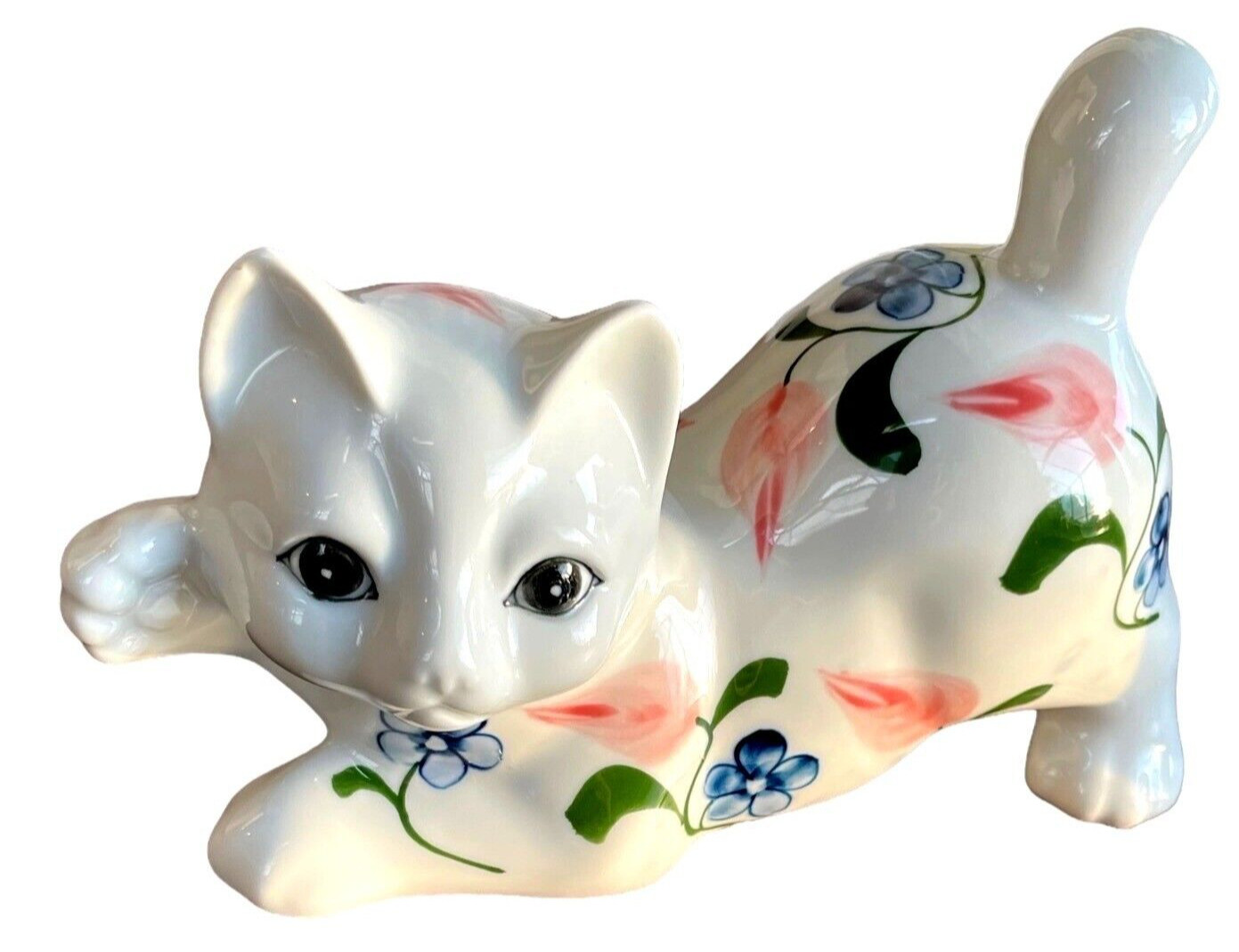 VTG Porcelain FRIKE Hand Painted PLAYFUL KITTEN White FLORAL Cat Figurine-Israel