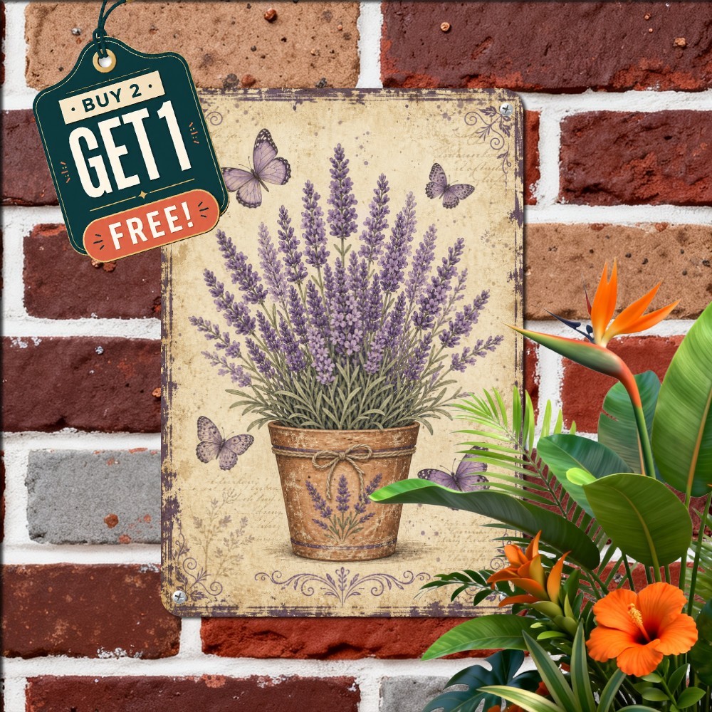Lavender Flower and Butterfly Sign French Country Floral Tin Plaque Decor