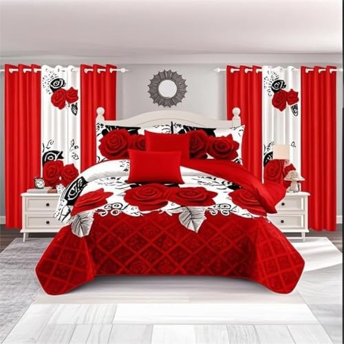 9 Pieces Bedspread Bedding Set with Matching Curtains,Size,Rose King Red