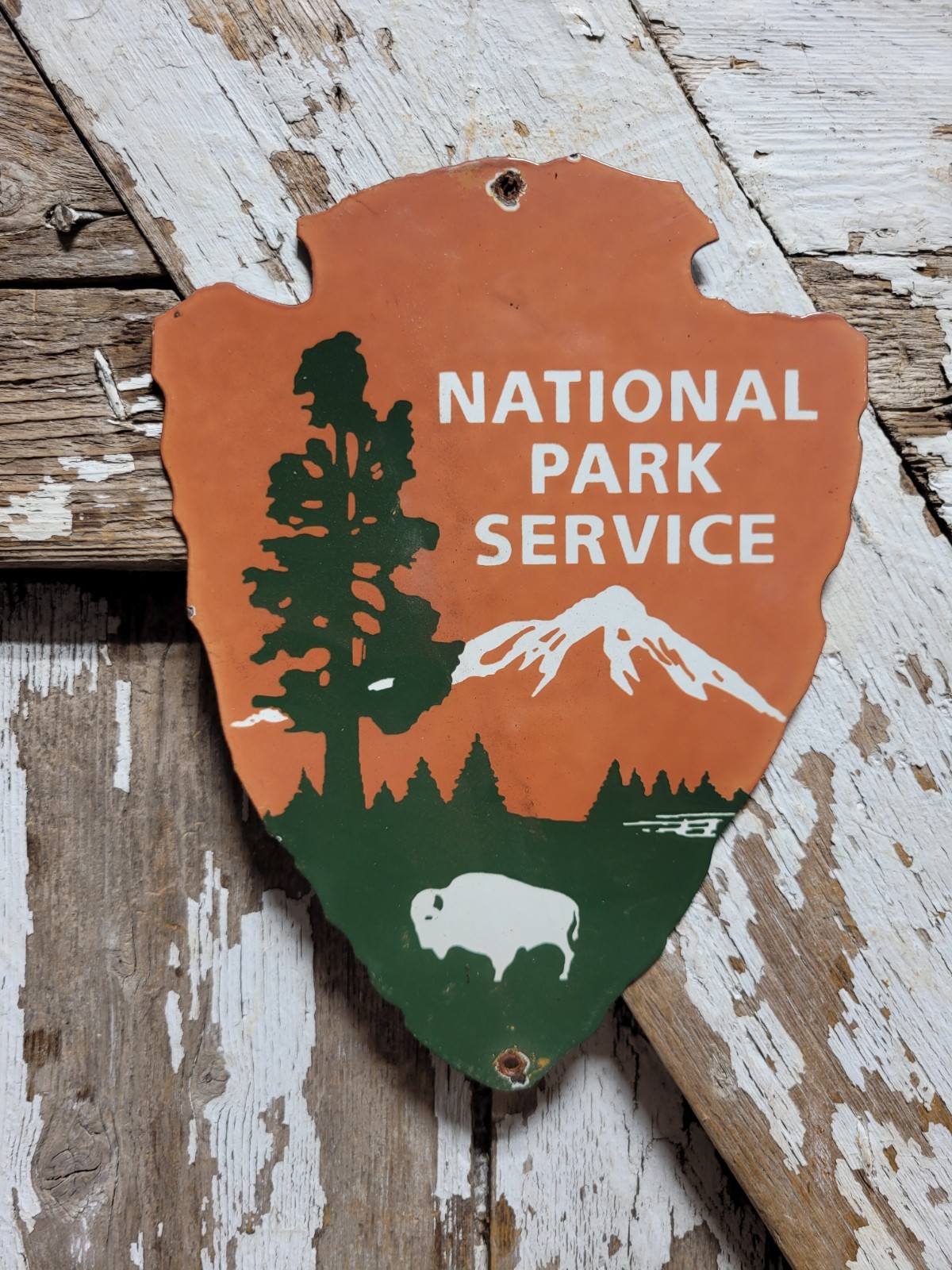 VINTAGE NATIONAL PARK SERVICE PORCELAIN SIGN RARE OLD ARROWHEAD RANGER CAMP 10\