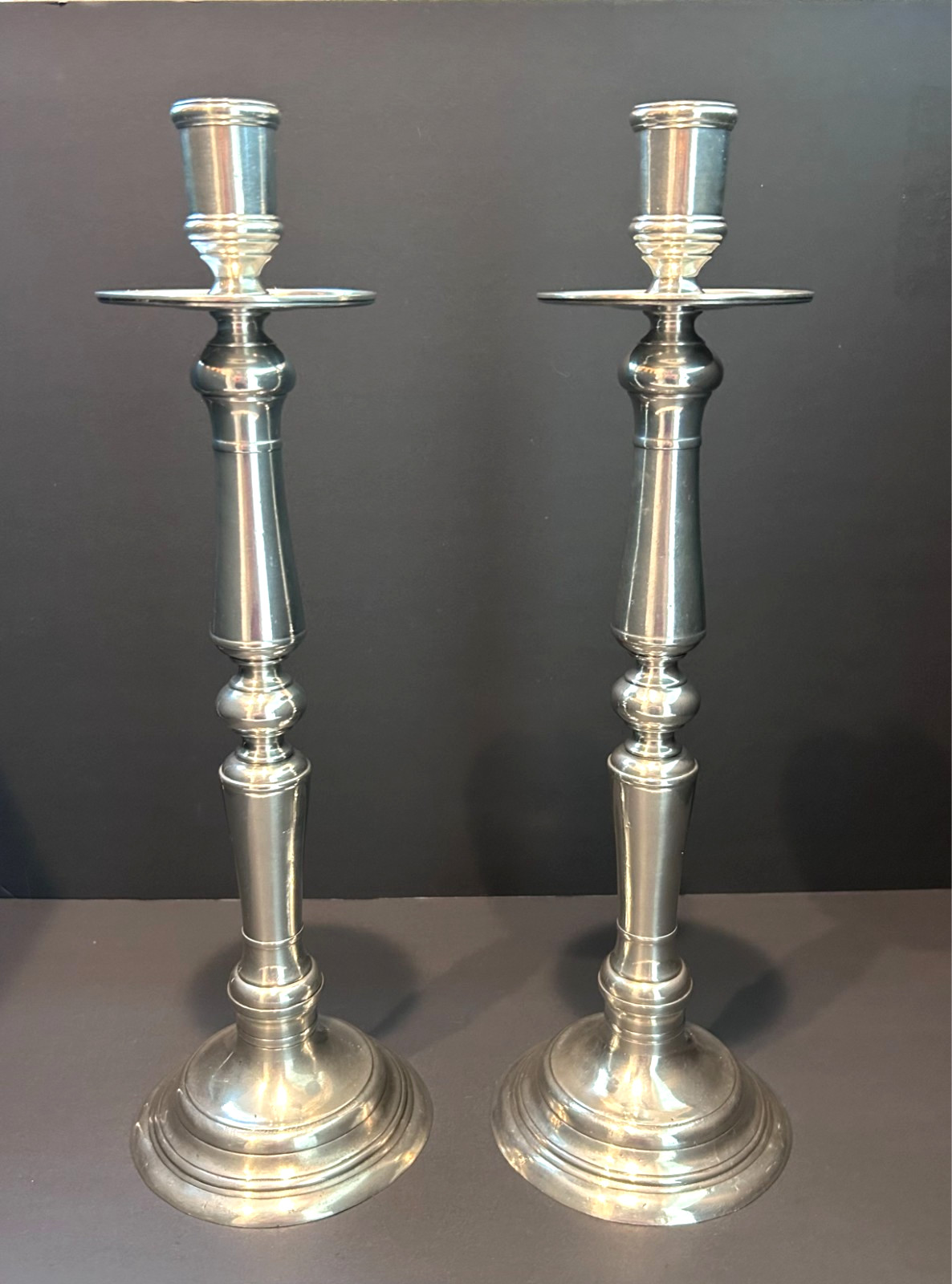 French Candlesticks Pewter Les Etains du Prince Eveque 95% Large 17” Pair