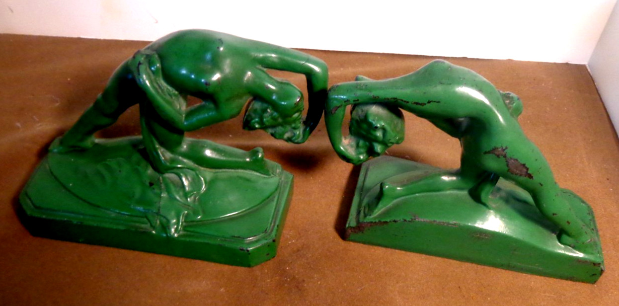 Art Deco Frankart-Style Green Metal Bookends - Dancing Nude Women
