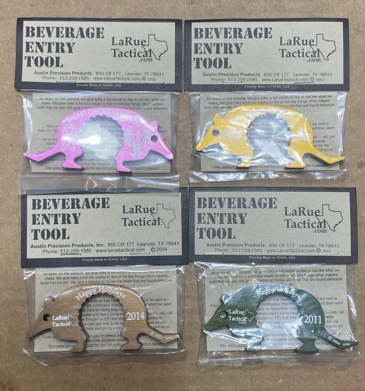 Lot of 4 LaRue Tactical Beverage Armadillo Bottle Opener Set 2011 2012 2014 +1