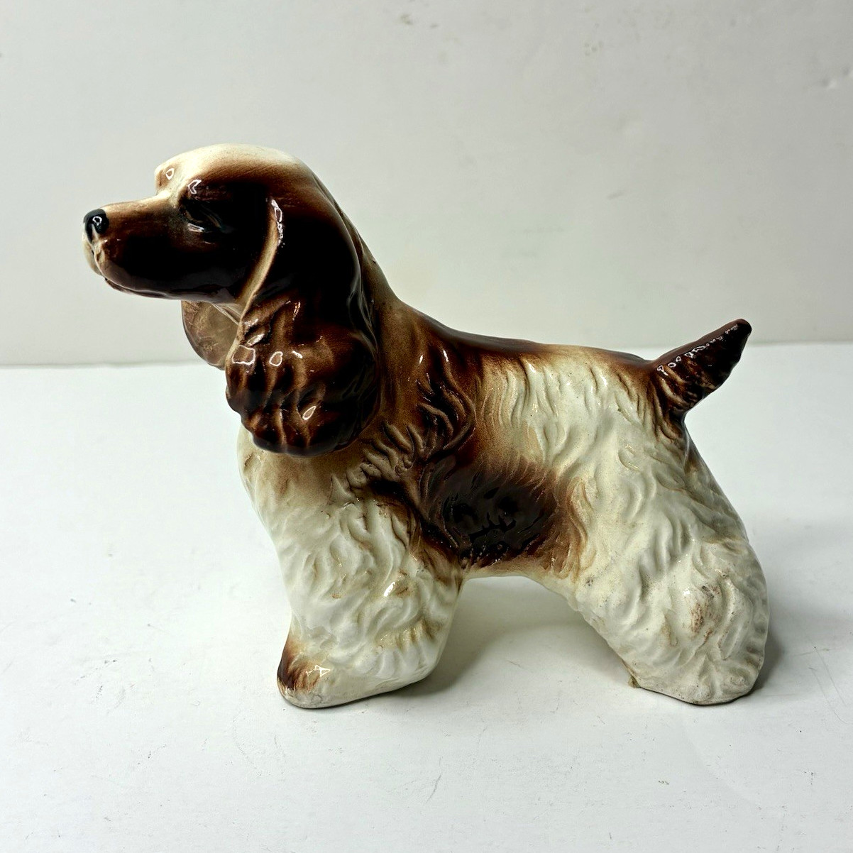 Brown & White Spaniel Dog Figurine Ceramic Glazed Glossy Small 4.5\