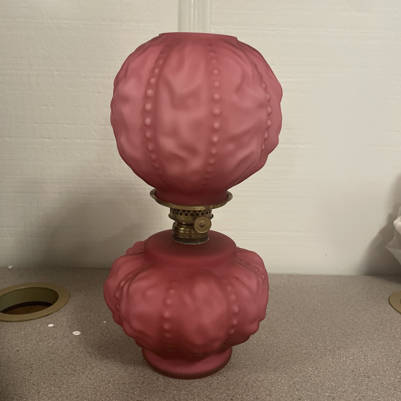 Vintage Fenton Satin Pink Wild Rose | Beaded Drape Curtain Oil Lamp | 11” Tall