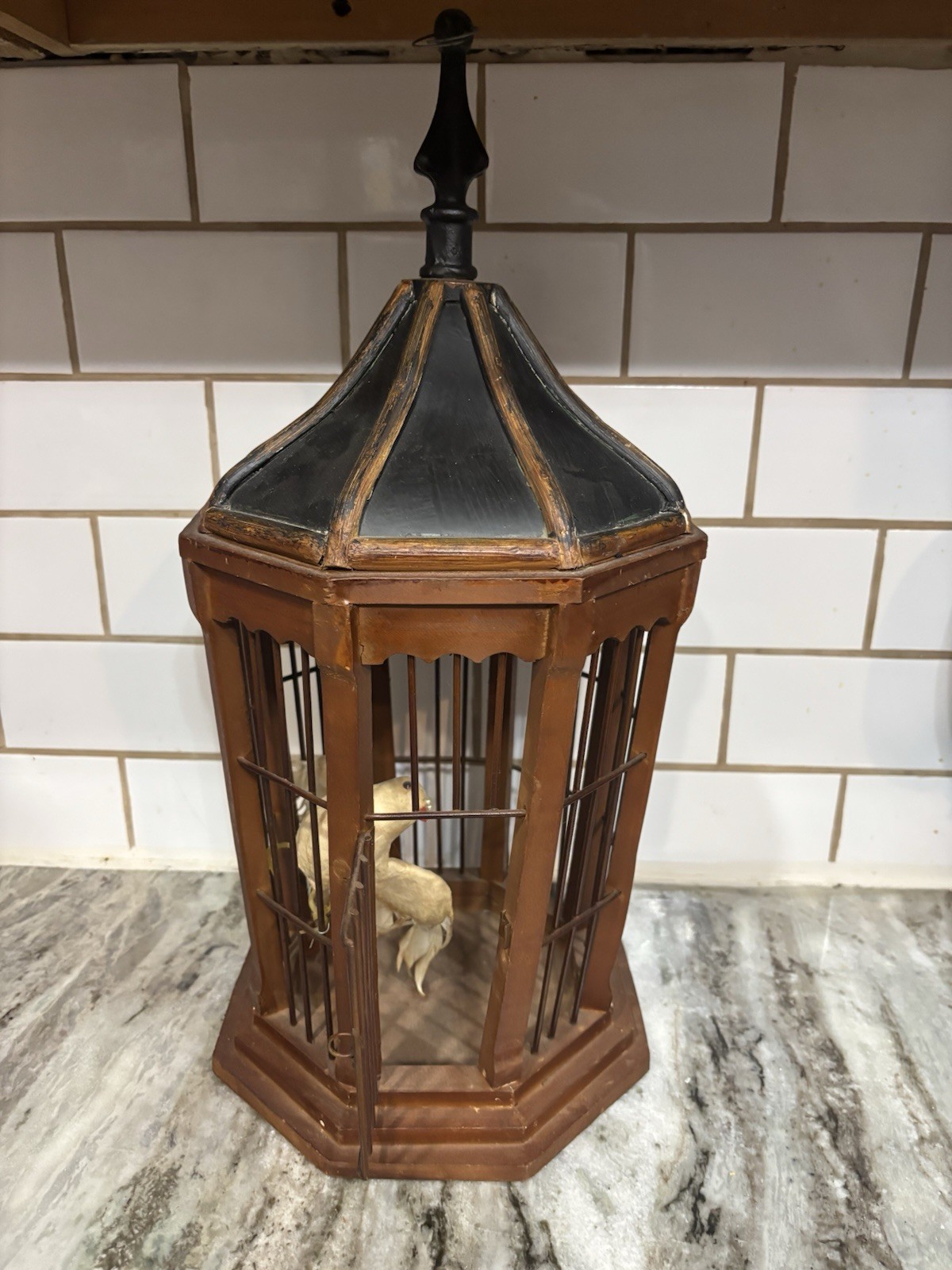 Vintage Octagon Dome Shape Top Wood Frame Wire Hanging Bird Cage with Bird