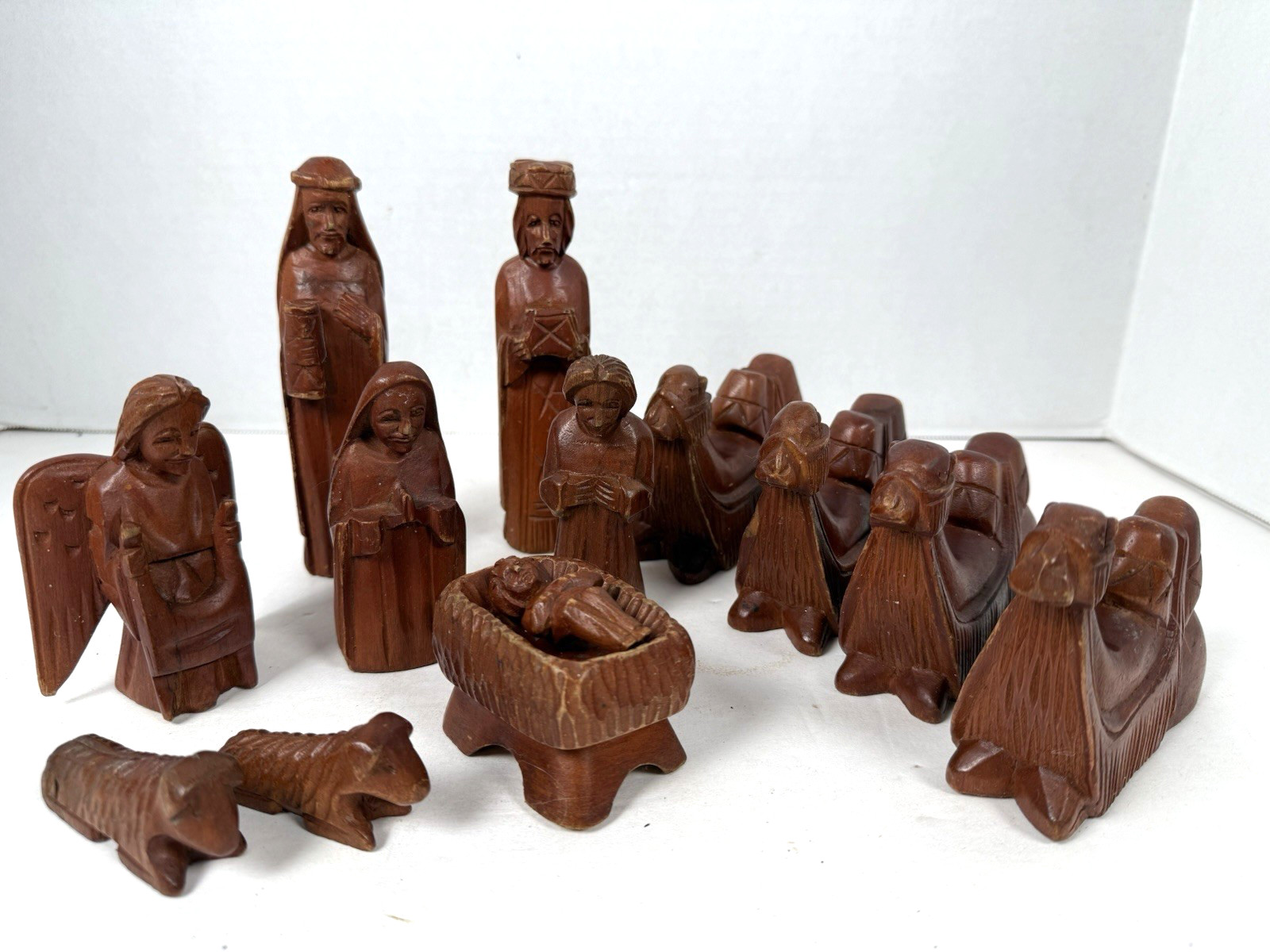 VTG Nativity Set Hand Carved 13 Wood Christmas Holiday Mary Jesus Camel Joseph