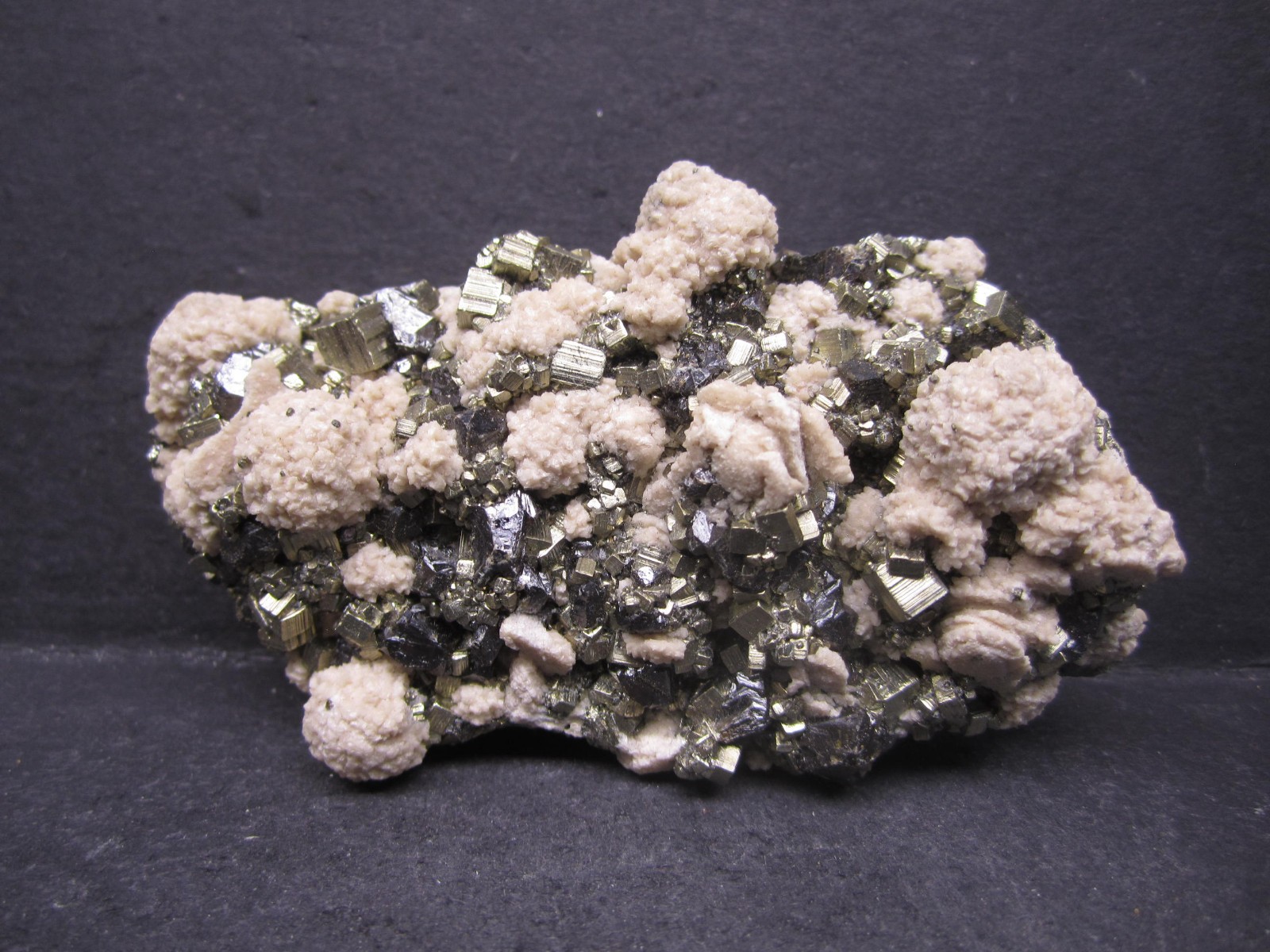 Pyrite Crystal Cluster with Manganoan Calcite, Morococha Mine, Peru #14 Pyrite Crystal Cluster with Manganoan Calcite, Morococha Mine, Peru #14