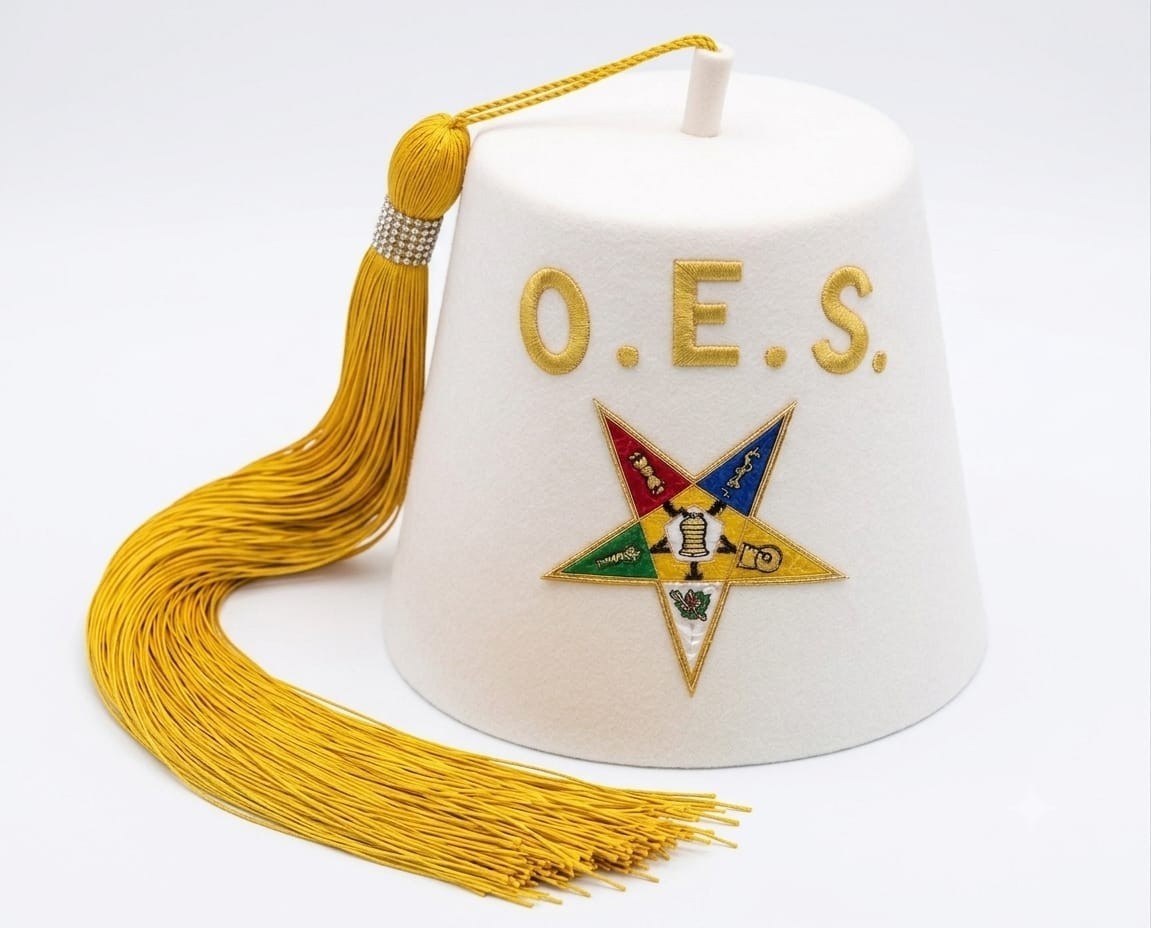 OES Fez Hat Off White Yellow Tassel Order Eastern Star Masonic Regalia