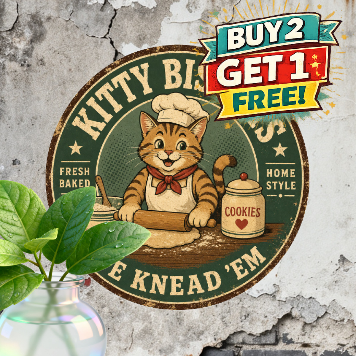 Cute Cat Bakery Cookie Kitchen Round Metal Tin Sign 8x8 Cafe Wall Plaque