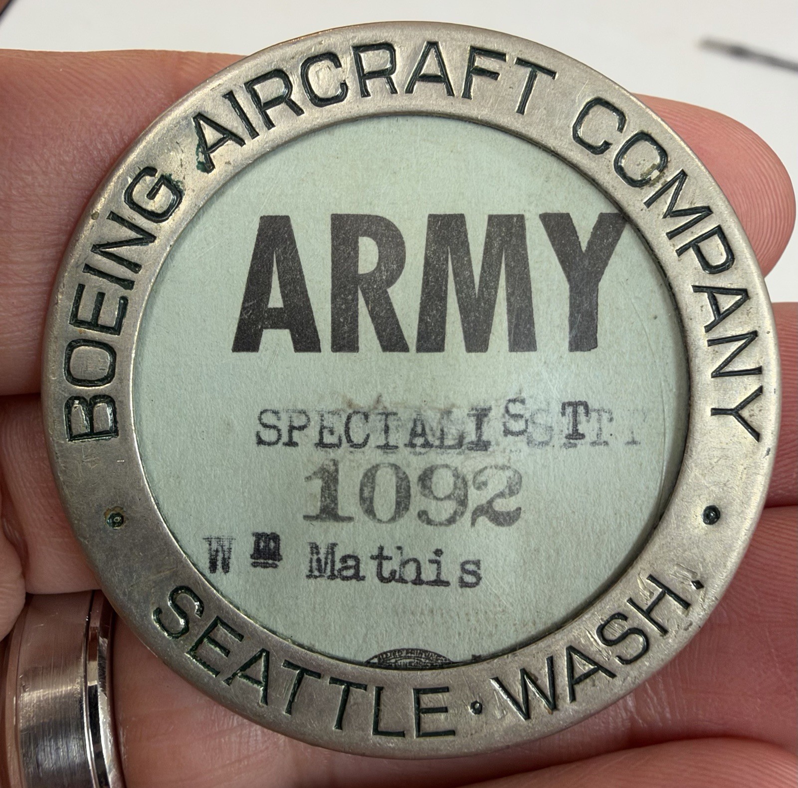 Vintage Boeing Army Specialist Aircraft Company Seattle WA Employee Badge 2