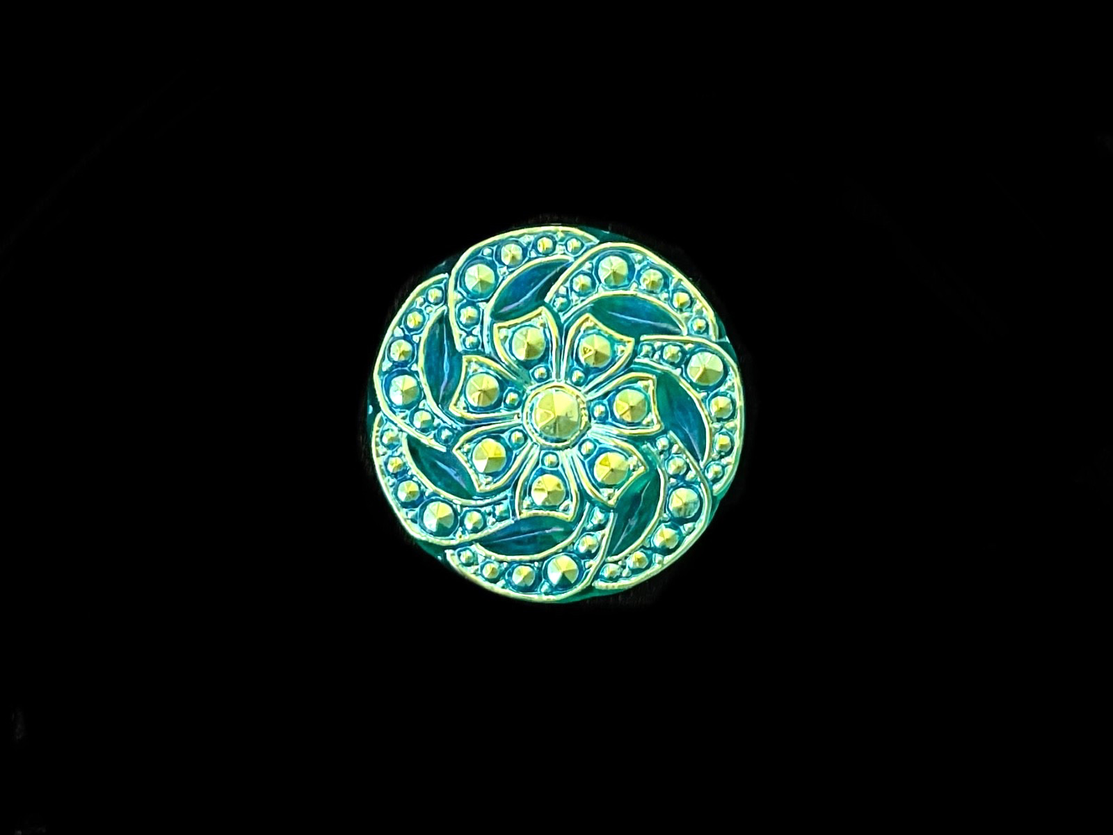 27mm Czech Glass Button Green Blue Carnival Lustered AB With Glass Shank