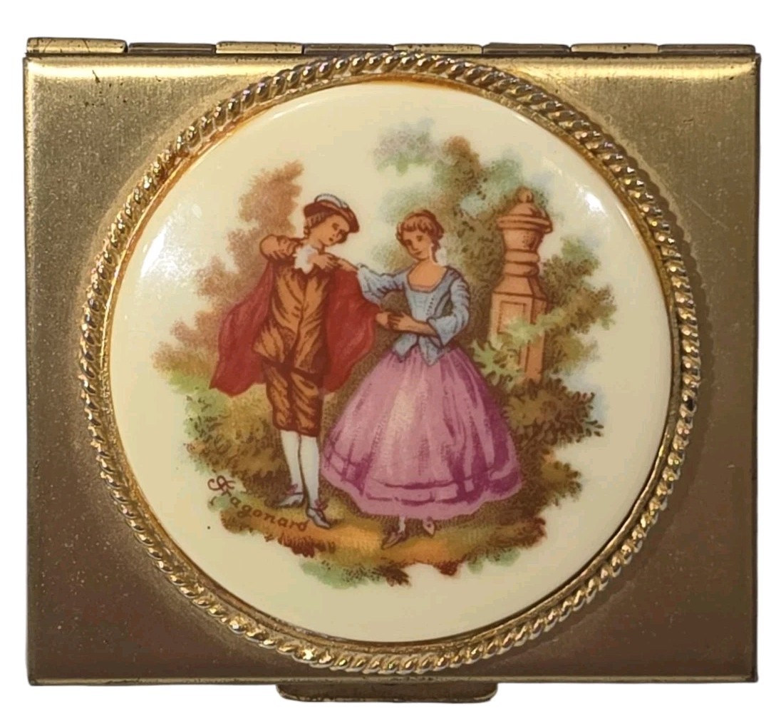 Vintage French Compact Makeup Mirror Case Pill Box Signed by Artist Fragonard
