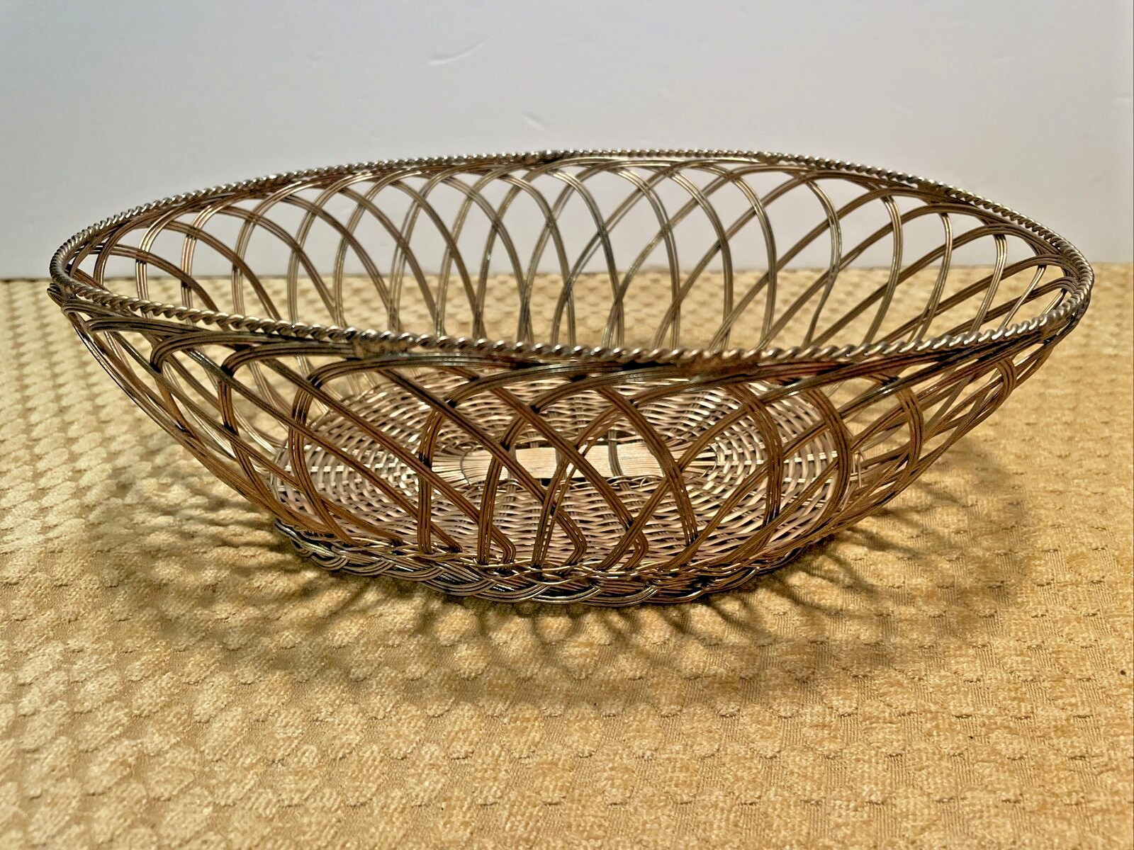 Vintage Antique French? Brass Woven Wire Oval Bread Basket Farmhouse Decor Gold