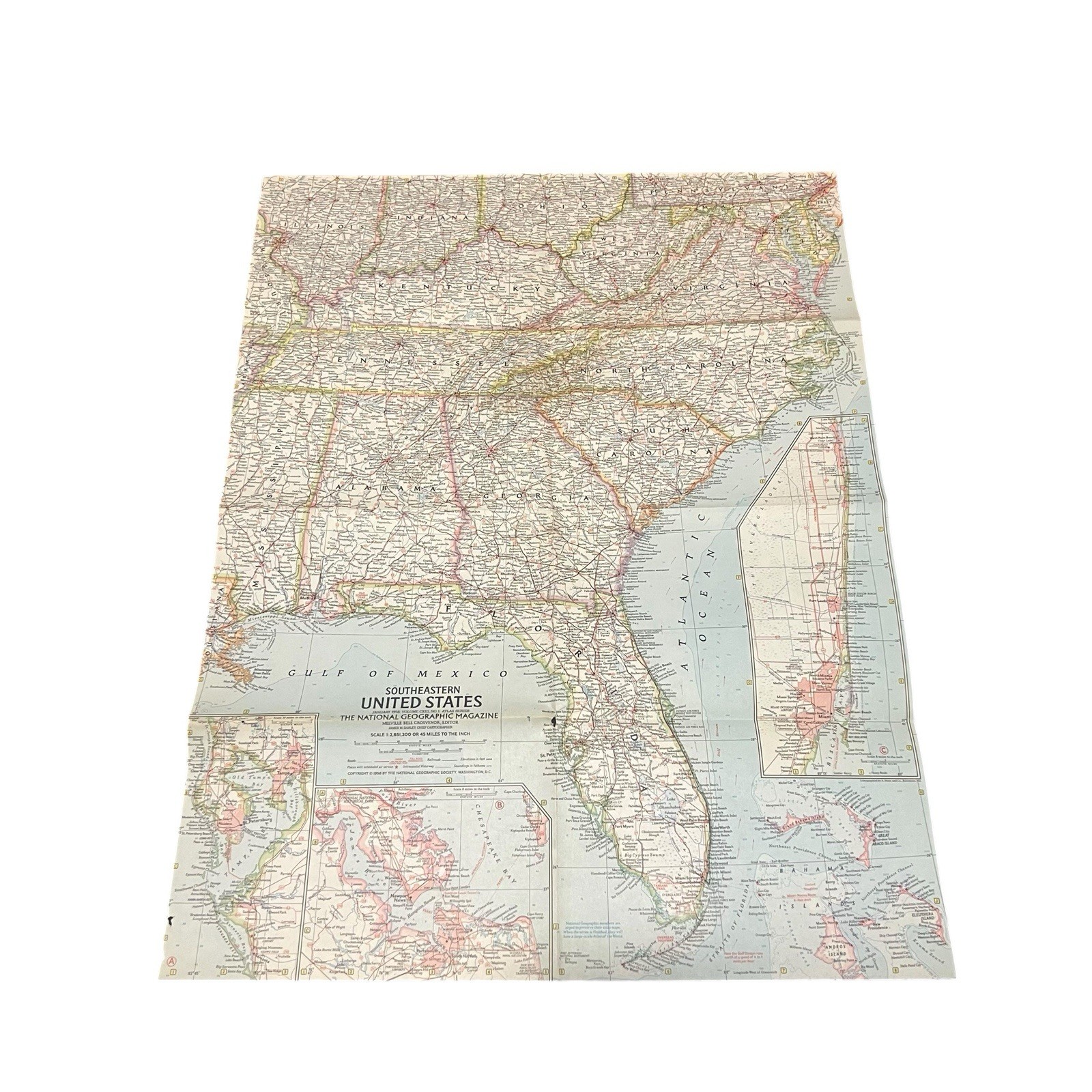 Vintage National Geographic Map Southeastern United States January 1958 63x48cm