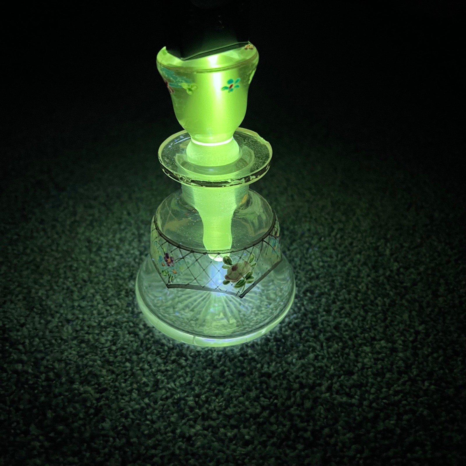 Vintage Uranium Glass Perfume Bottle Hand Painted Floral Gold Gilt Glow Glass